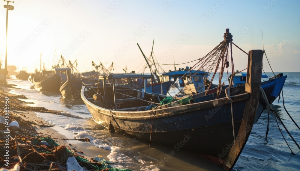 Fishing Boats at Sunrise on a Serene Beachside Landscape Fishing Boats at Sunrise on a Serene Beachside Landscape