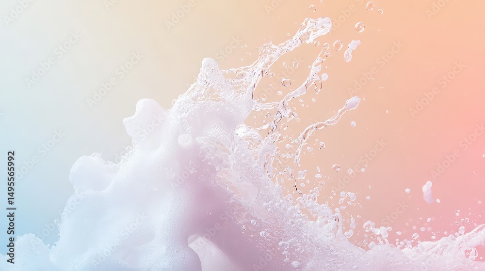 Fototapeta premium White foam flying through a pastel gradient background, creating a dreamy and airy vibe.