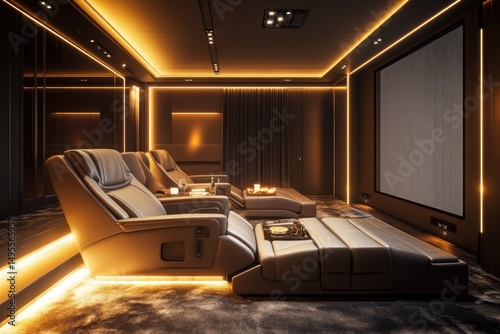 A luxury home theater with leather recliners, large projector screen, and dim ambient lighting for immersive viewing