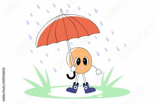 Cartoon yellow octopus character holding an umbrella in the rain, great for children's illustrations and weather-themed content
