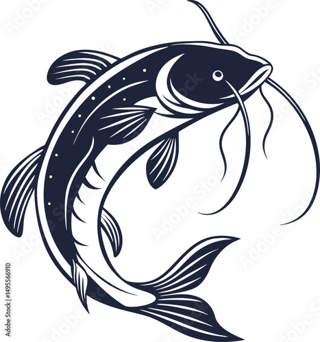 Black Catfish Silhouette Design Illustration. Catfish Silhouette Artwork in Bold Black Style. Silhouette Design of a Black Catfish. Freshwater Catfish Silhouette in Black
