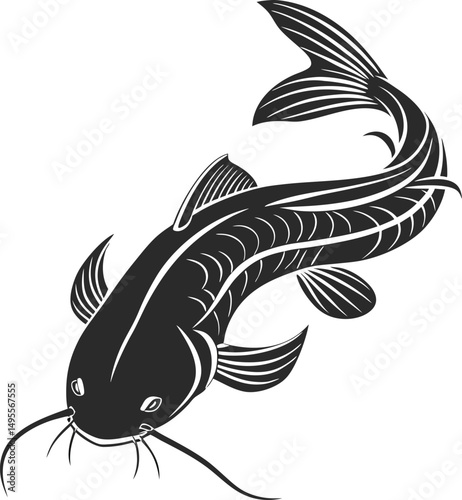 Black Catfish Silhouette Design Illustration. Catfish Silhouette Artwork in Bold Black Style. Silhouette Design of a Black Catfish. Freshwater Catfish Silhouette in Black