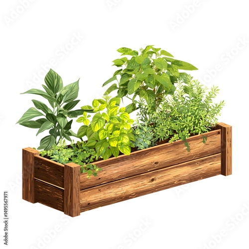 Wooden Planter Box with Assorted Herbs and Plants