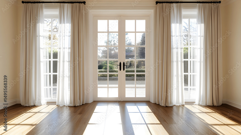 Fototapeta premium Elegant room with natural light filtering through windows, creating a bright and airy atmosphere. The room is empty, offering a sense of tranquility and spaciousness