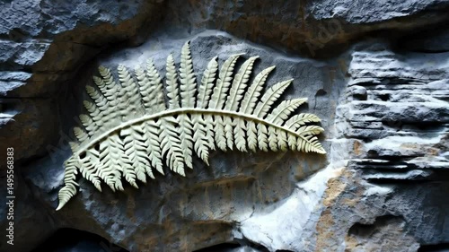 Fossilized fern impression within a layered rock formation showing ancient geological history and paleontological discovery photo