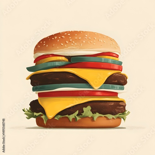 Deliciously crafted minimal vector illustration of a hamburger stacked high with fresh ingredients and colorful layers