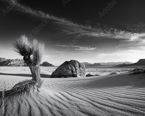 Black and White Desert Scenery with Just One Rock
