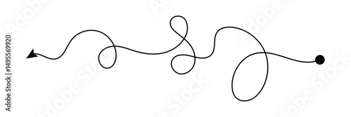 Curved line with start point and direction arrow. Difficult way, chaos path, hard route, challenge symbol isolated on white background. Vector graphic illustration . EPS 10 . 