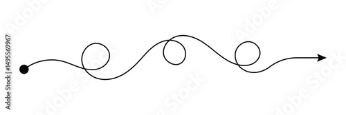Curved line with start point and direction arrow. Difficult way, chaos path, hard route, challenge symbol isolated on white background. Vector graphic illustration . EPS 10 . 