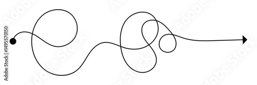 Curved line with start point and direction arrow. Difficult way, chaos path, hard route, challenge symbol isolated on white background. Vector graphic illustration . EPS 10 . 