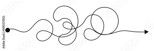 Curved line with start point and direction arrow. Difficult way, chaos path, hard route, challenge symbol isolated on white background. Vector graphic illustration . EPS 10 . 