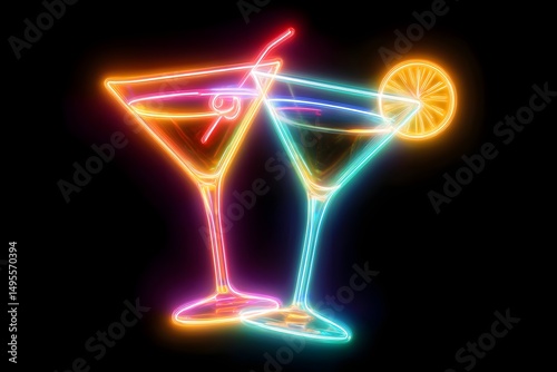 Brightly lit neon cocktail glasses radiate vibrant colors in a stylish bar setting at night