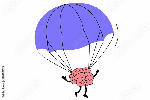 Funny cartoon brain character descending with parachute ideal for playful science illustrations psychology-themed content and quirky educational visuals