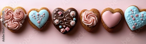 Several heart shaped cookies are lined up on a pink surface valentine’s day cookies  food background