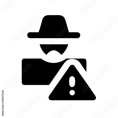 A solid black icon of a figure in a hat with a speech bubble containing an exclamation mark. Use for cybersecurity warnings, anonymous messages, or online threats content.
