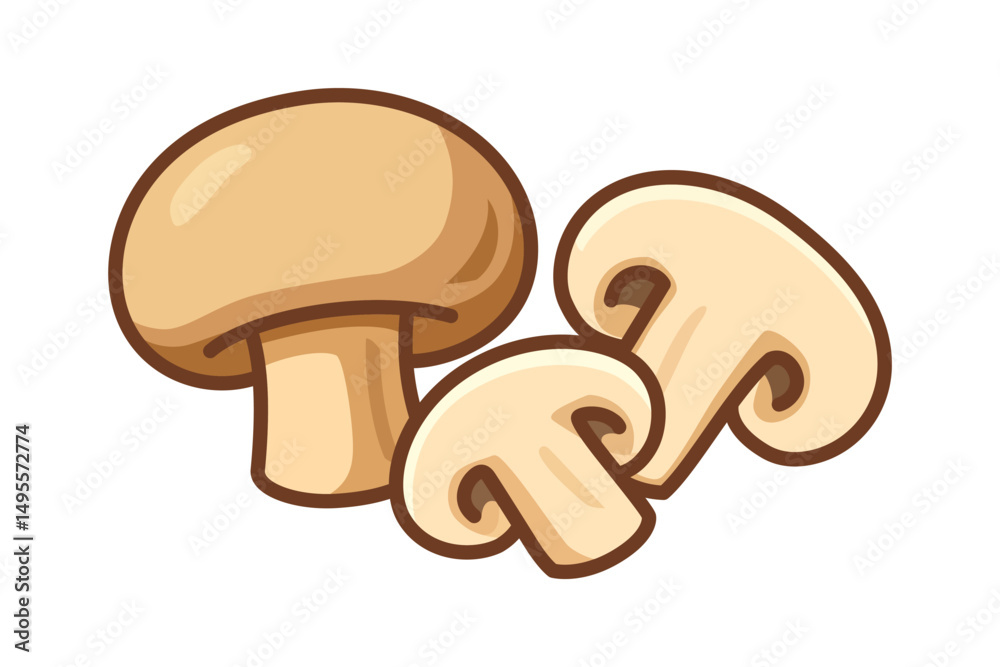 Fototapeta premium Vector illustration of one whole mushroom and two sliced mushrooms on white background for cooking or food design
