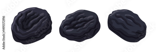 Three dried prunes in a colorful vector style on a white background, ideal for healthy snacks and natural food concepts