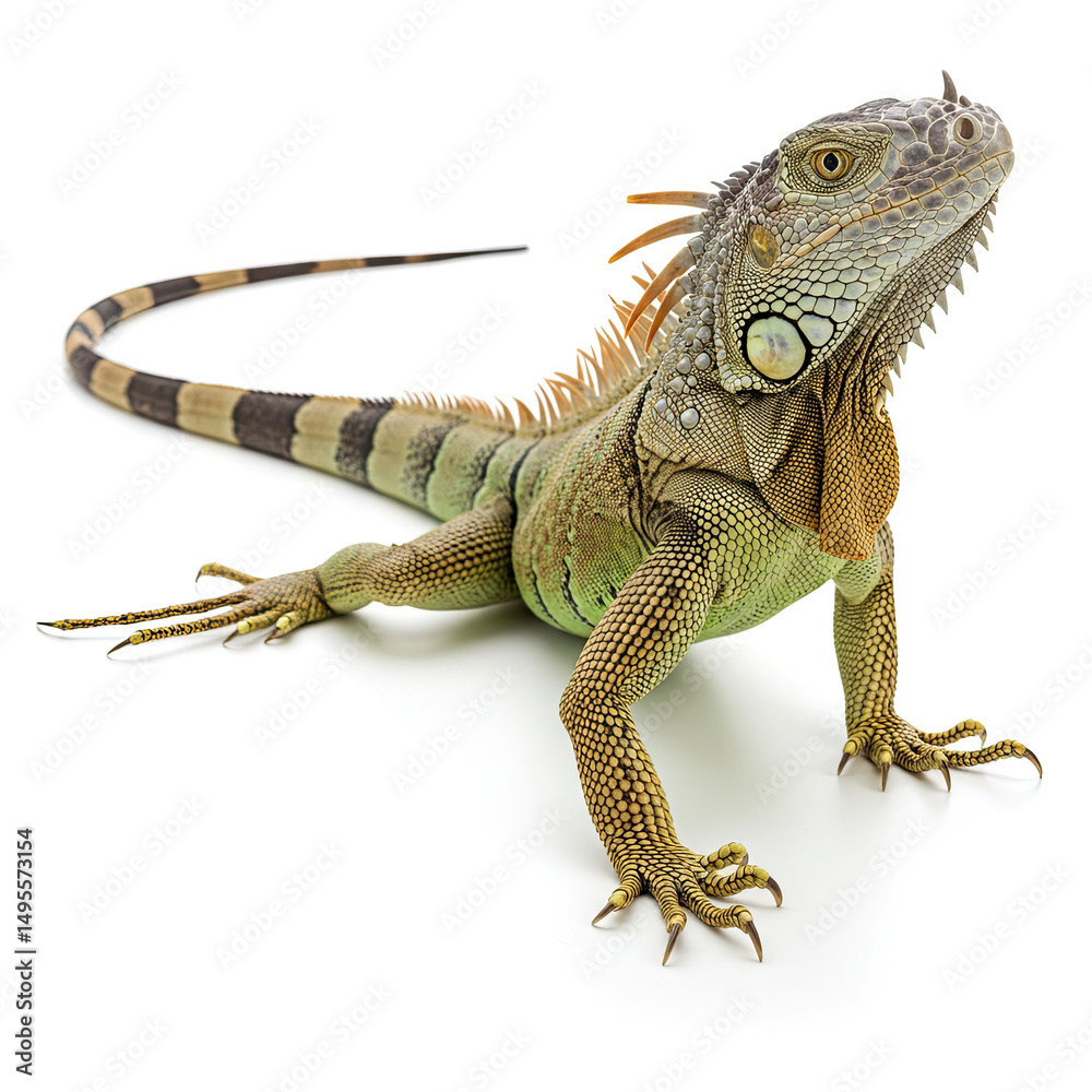 Fototapeta premium Chameleon on Branch Isolated on Pure White Background – Bright Colors and Full Body