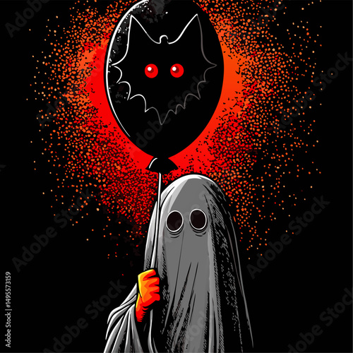 Spooky halloween ghost holding a bat shaped balloon