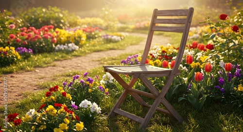 Wooden Folding Chair Next to Fresh Garden Flowers, Morning Light