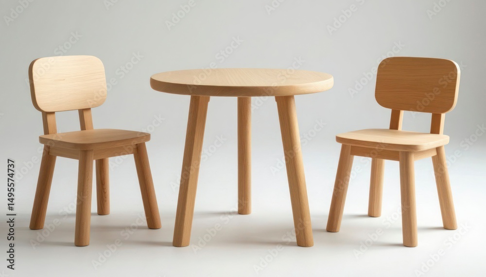 Fototapeta premium Scandinavian Children’s Table and Chair Set – Wooden Kids Furniture on White Background