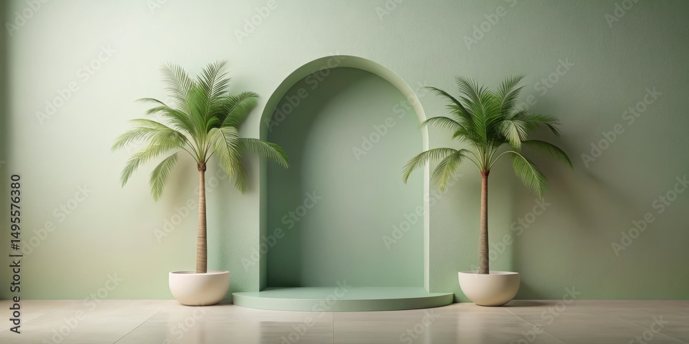 Fototapeta premium Serene Minimalist Interior Design Featuring Two Palm Trees Flanked by an Archway and a Platform