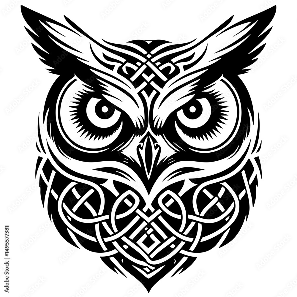 Obraz premium Black and White Owl Vector Graphic with Celtic Knot Design