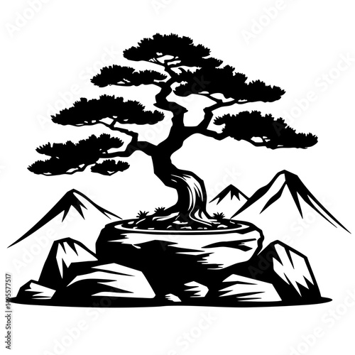 Bonsai Tree with Mountain Vector Illustration Black SVG Outline