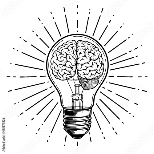 Brain Lightbulb Vector Illustration Black and White Outline