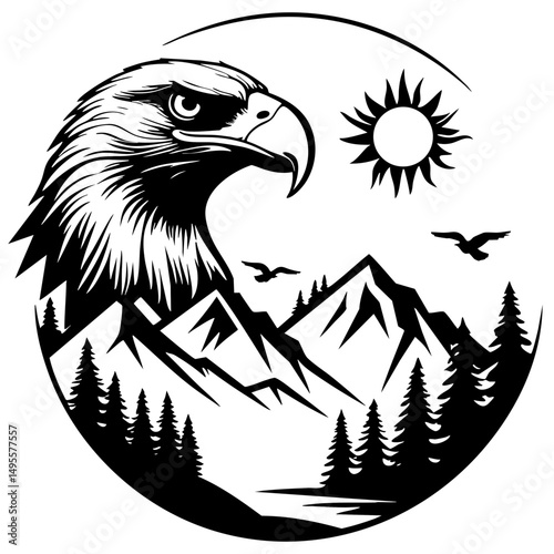 Eagle Mountain Vector Art Black and White Outline Design