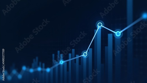 Widescreen Abstract financial graph with uptrend line and bar chart of stock market on blue color background