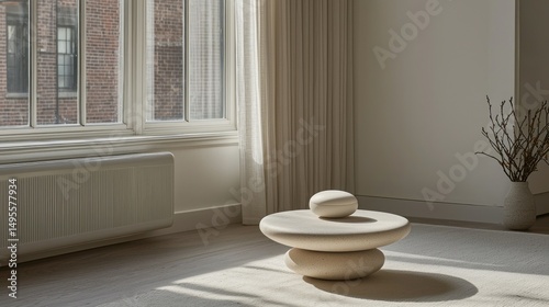Minimalist interior with sculptural table, natural light