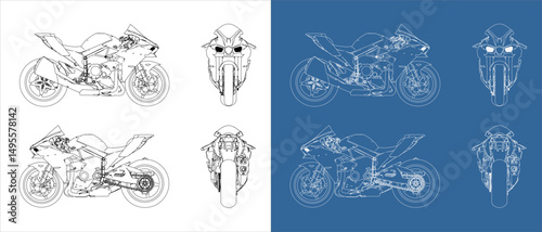 Set motorcycle hyperbike from all view. high performance 4 cylinder in-line DOHC 3D technical line drawing blueprint vector. Isolated on transparent background