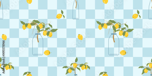 Vector illustration of yellow lemons with green leaves in elegant transparent vases, arranged on a light blue checkered seamless background. Ideal for seasonal prints, packaging, fabric, wallpapers
