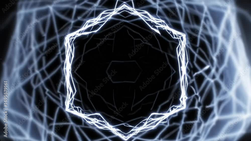Abstract white hexagonal frame, hexagon (sexangle) Portal with glowing white energy lines and lightning isolated on black background, transparent chroma key alpha matte overlay VFX