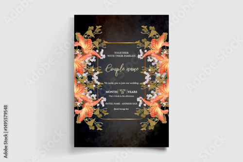 WEDDING INVITATION FRAME WITH FLOWER DECORATIONS AND FRESH LEAVES