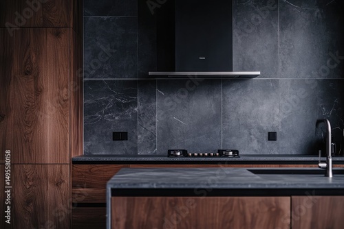 Modern kitchen with dark wood cabinetry and grey stone counters