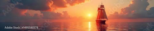 Stunning sunset illuminates a majestic sailing ship on calm ocean waters, its sails billowing gently in the breeze  A breathtaking scene of nautical beauty ,  voyage,  majestic,  landscape