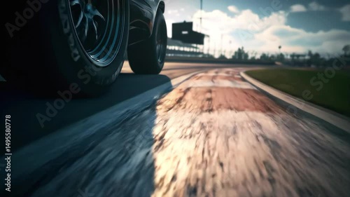 Race car wheels spinning on asphalt track at sunset. Motorsport speed, high-performance driving, adrenaline, 4K video footage, animation.