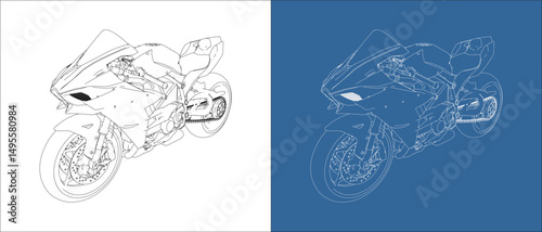 Isometric view motorcycle hyperbike high performance 4 cylinder in-line DOHC 3D technical line drawing blueprint vector. Isolated on transparent background