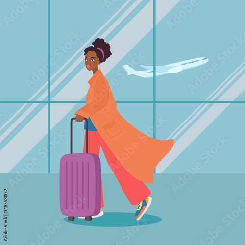 Young black woman with suitcase in the airport. Air travel scene vector illustration flat design. Plane taking off on the background. Traveler passing by the departure area window hurrying for flight.
