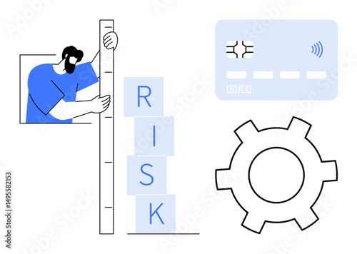 Man assesses stacked blocks with RISK, gear suggests process optimization, card implies transactions. Ideal for risk analysis, strategy planning, banking, business solutions, fintech, corporate