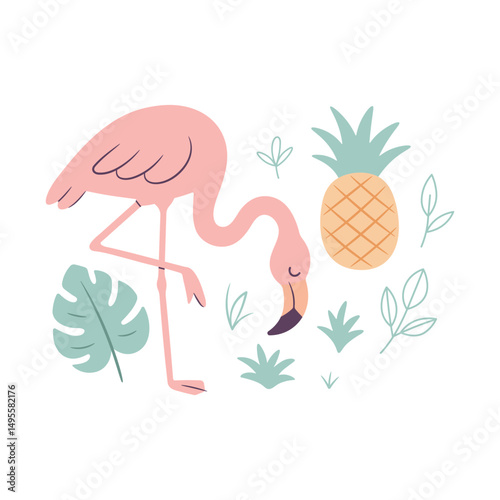 Cute pink cartoon flamingo standing on one leg, surrounded by tropical leaves and a pineapple, creating a relaxed and summery atmosphere. Summer vacation vibe. Vector illustration isolated on white.