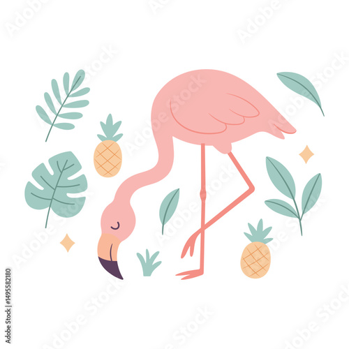 Cute pink cartoon flamingo standing on one leg, surrounded by tropical leaves and a pineapple, creating a relaxed and summery atmosphere. Summer vacation vibe. Vector illustration isolated on white.