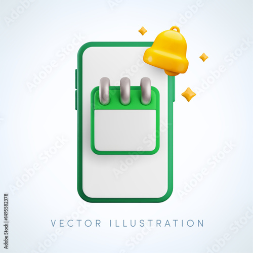 Vector cartoon 3d mobile calendar reminder icon. Realistic render of calendar and alert bell on smartphone screen. Time management, schedule concept, deadline reminder app, work planning banner.