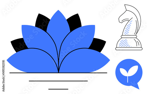 Blue petal pattern symbolizing growth, white chess knight for strategy, and leaf in speech bubble denoting sustainability and conversation. Ideal for innovation, planning, leadership, teamwork