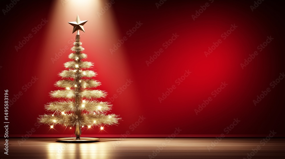 A minimalist red Christmas background with a single stylized golden Christmas tree outline, high-end graphic A minimalist red Christmas background with a single stylized golden Christmas tree outline, high-end graphic