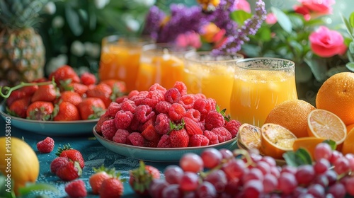 Vibrant summer brunch spread with colorful juices