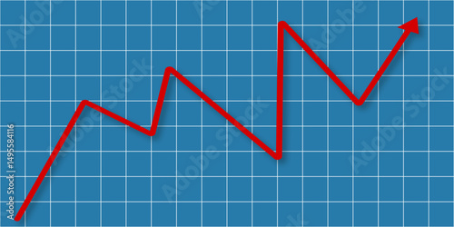 Blue color background stock market uptrend line and arrowhead financial chart vector design.  A simple upward arrow on a blue background with a line graph. with a white arrow. 