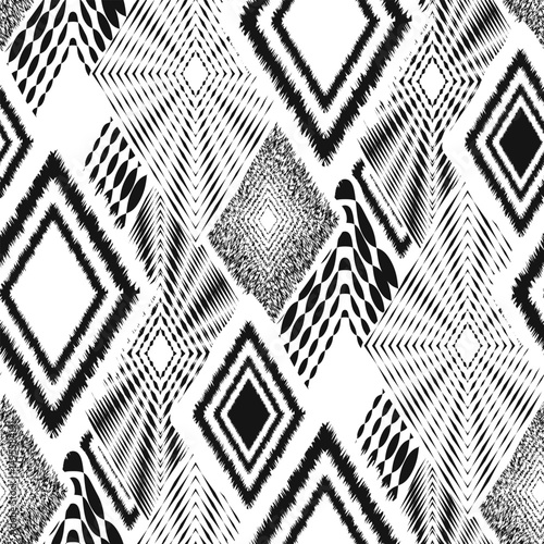 Black and white rhombic Geometric figures motley checkered seamless pattern set, grunge scratches and attrition texture. Trendy background, wallpaper, wrapping paper, textile, print, layout